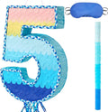WERNNSAI Number 5 Piñata - Ombre Blue Pull String Piñata with Blindfold and Stick Birthday Party Game for Kids Boys Girls 5th Birthday Party Decorations （16.3" x 11.4" x 3")