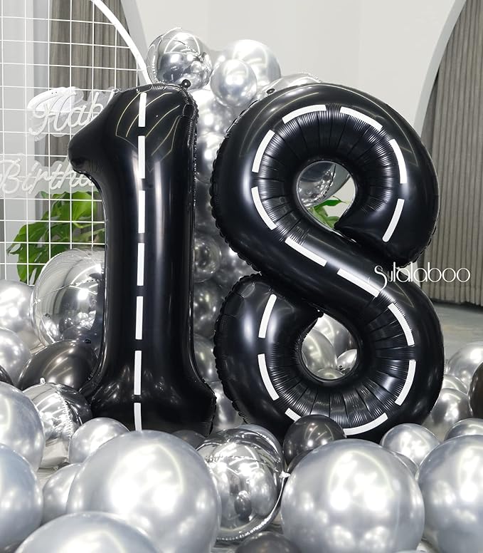 Race Car 40Inch Black 18 Balloon Number Large Helium Race Track 0-9 Giant Digital 18th Foil Mylar Big Party Number Balloons for Boy Birthday Car Theme Party Anniversary Graduation Decorations