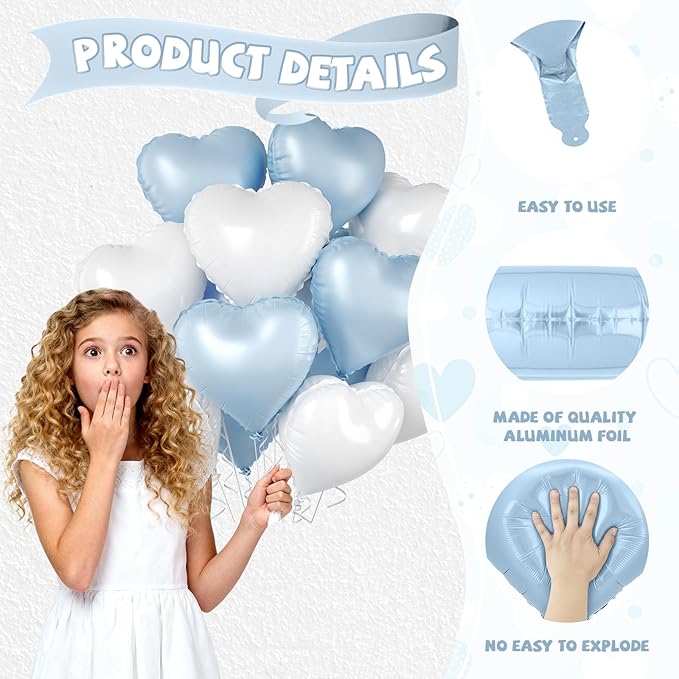 Baby Blue Heart Balloons, 10 Pcs Pastel Light Blue and White Heart Shaped Balloon, 18 Inch Cream Sand White Foil Balloons for Boys Men Brithday Bridal Baby Shower Wedding Valentines Party Decoration