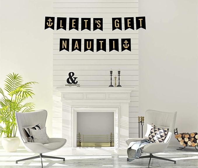 Andaz Press Faux Gold Glitter on Black Funny Alcohol Party Banner Decorations, Let's Get Nauti, Anchor Graphic, Approx 5-Feet, 1-Set, Wedding Bridal Shower Bachelorette Colored Hanging Pennant Decor