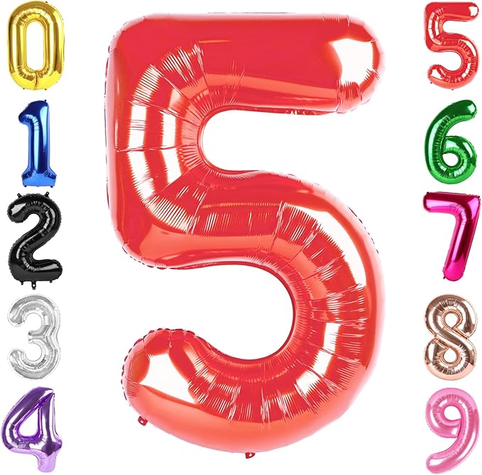 40 Inch Red Number 5 Balloon, Giant 5 Number Balloons for 5th Birthday Decorations, Party Supplies for Baby Boy Girl, Red Party Decor
