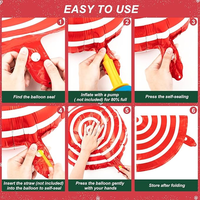 64Pcs Christmas Balloons Kit, Candy Cane Foil Balloons with Ribbons, Red Green Mylar Balloon for Party Decorations