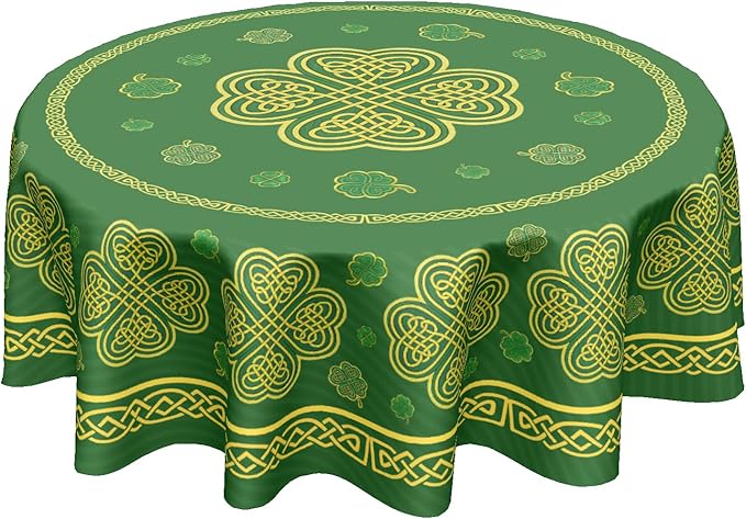 St. Patrick's Day Round Tablecloth 70 Inch Leaf Clover Pattern Circle Table Cloth Green Table Cover Washable Polyester Indoor Decorations for Home Kitchen Dinning Party