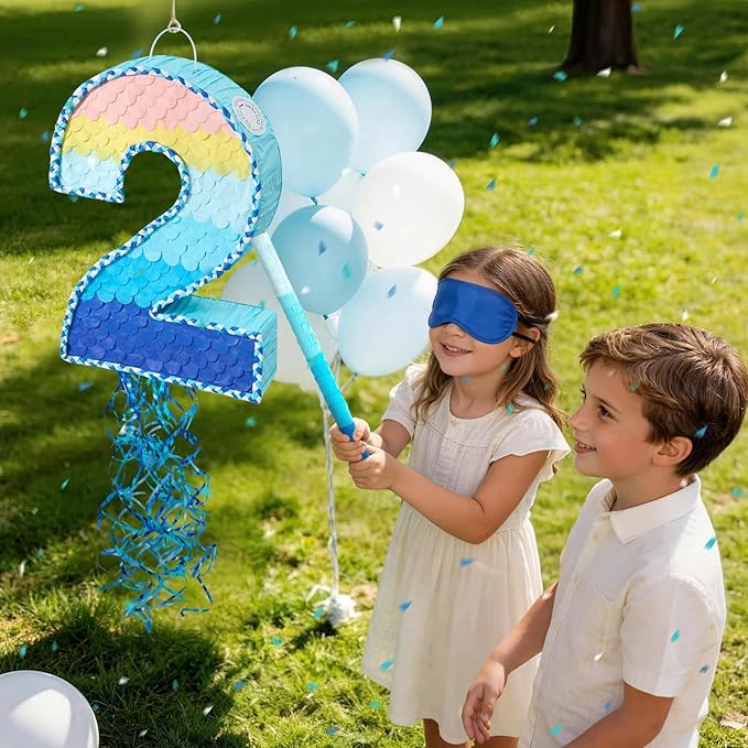 WERNNSAI Number 2 Piñata - Ombre Blue Two Piñata with a Blindfold and Bat Birthday Party Game for Kids Boys Girls 2nd Birthday Party Decorations （16.3" x 11.4" x 3")