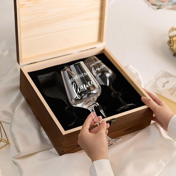 AW BRIDAL Engagement Gifts for Couples Wine Glasses Set, Fiance Fiancee Gifts for Women Bride to Be, Engaged Wine Glasses with Wine Stopper & Wood Keepsake Box, 2026 Wedding Gifts for Newlyweds