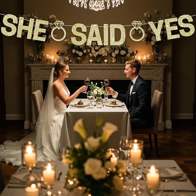 Glitter Champagne Gold She Said Yes Banner Pre-Strung Engagement Decorations Bridal Wedding Party Sign Valentine's Day Garland Bachelorette Party Decor,NO DIY