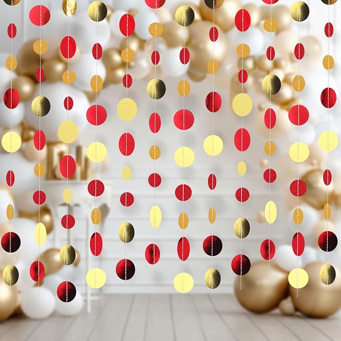 Syhood 10 Pcs Party Decorations Paper Dot Circle Garlands Glitter Streamers Hanging Banner Decor for New Year Baby Shower Wedding Birthday Backdrop Supplies (Red and Gold)