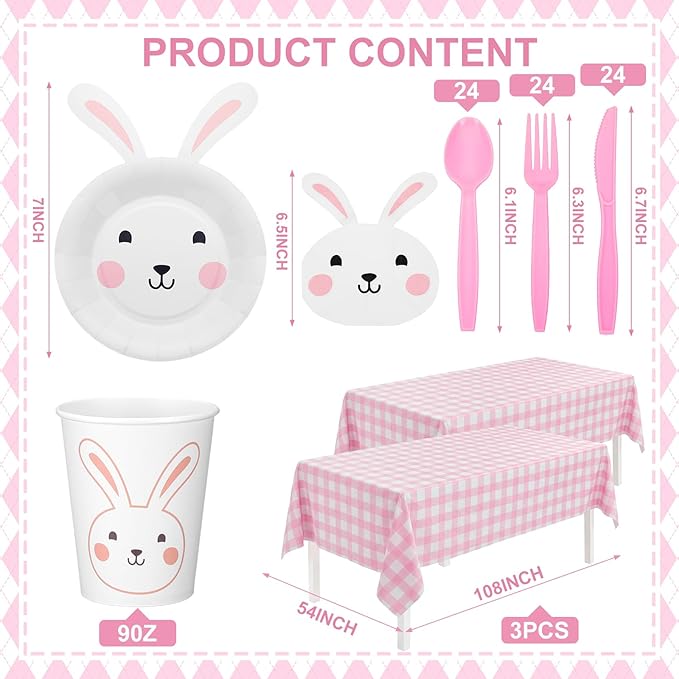 Qinyoung 147 Pcs Bunny Birthday Decorations Easter Tableware Party Supplies Some Bunny Is One Decorations Include Easter Party Plates Napkins Paper Cup Fork and Spoon Tablecloth, Serve 24 Guests