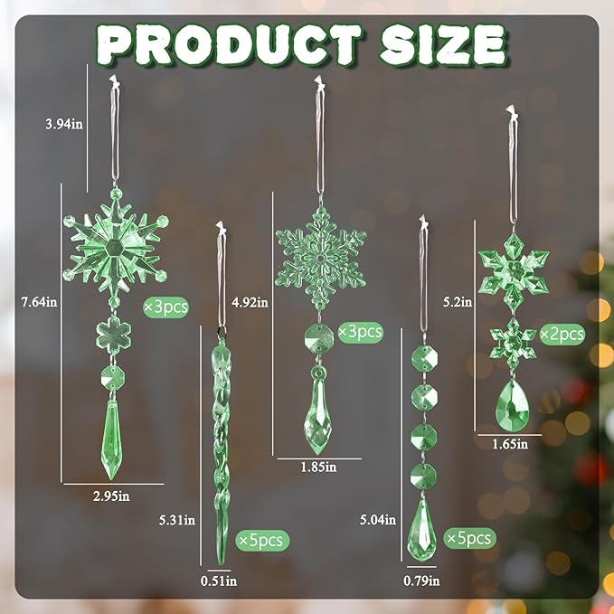 18pcs Crystal Christmas Ornaments for Christmas Tree Decorations-Green Hanging Acrylic Snowflake and Icicle Ornaments with Drop Pendants for New Year Party Decorations Supplies
