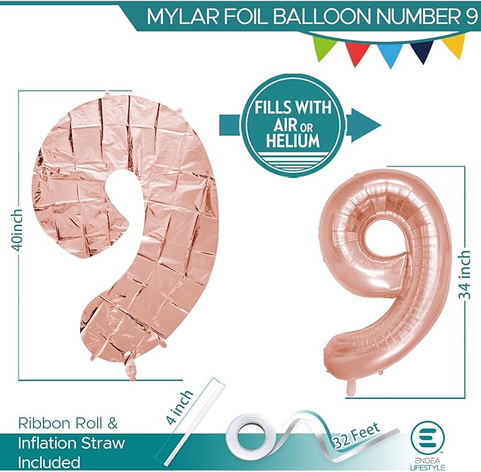 40 Inch Large Rose Gold Number Celebration and Decoration Balloon for Birthday Parties, Graduations, Anniversaries, Weddings, Photo Shoots, Special Events (Rose Gold Number 9)