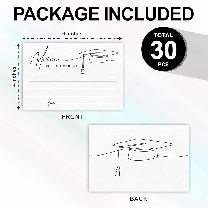 30 Graduation Advice Cards - Minimalism Grad Cap - 4"X6" White Double-Sided Fill In Style Advice & Wishes Cards, Class Of 2026 Graduation Party Decorations & Supplies - 003