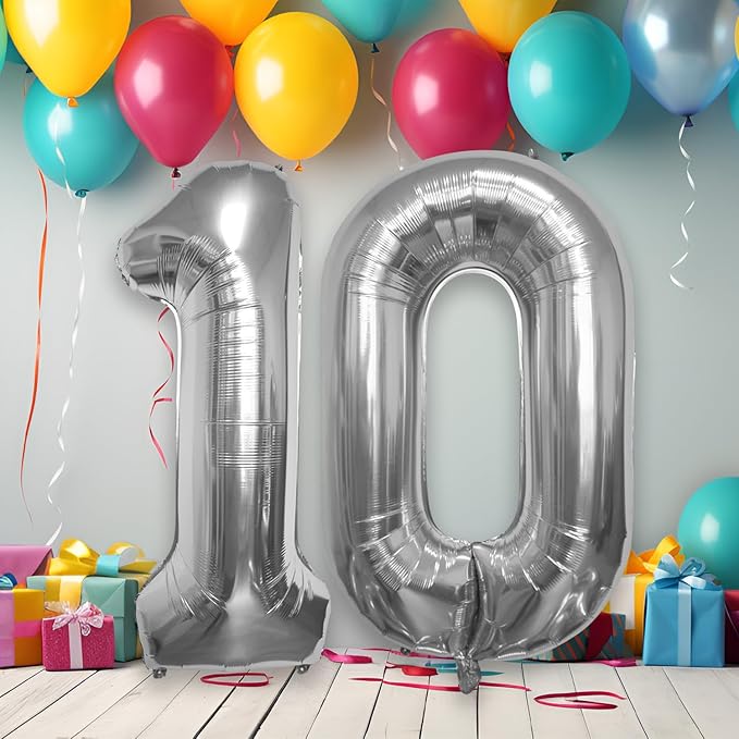 40 Inch Large Number Celebration and Decoration Balloon for Birthday Parties, Graduations, Anniversaries, Weddings, Photo Shoots, Special Events - Helium Foil Mylar (Silver Number 10)