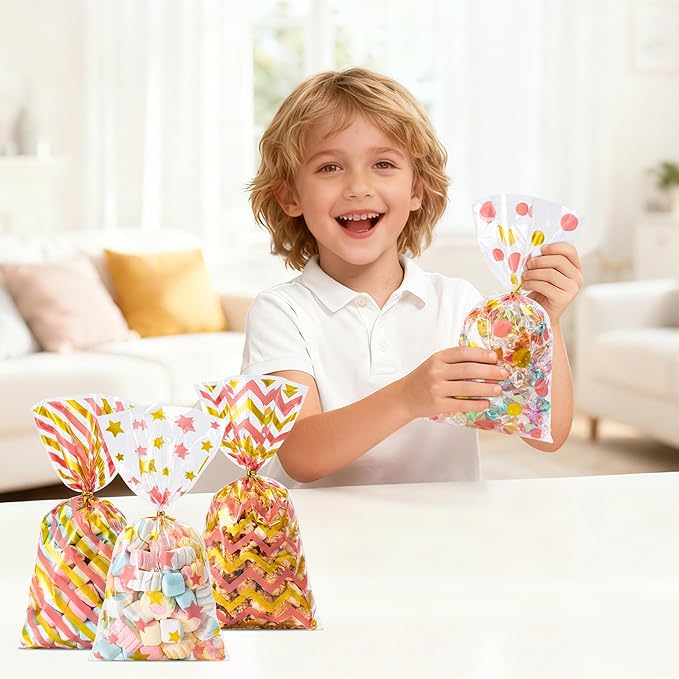Aegero 120 Pack Pink/Gold (wave dots/ wave stripes /diagonal stripes/Star Printed)Cellophane Treat Bags,10.63 x 5.12 Inch Plastic Candy Goodies Bags with 140 Pcs Twists for Valentine,Birthday,Bakery,Wedding,Gift Cookie Snack Packing,Party Favor Supplies