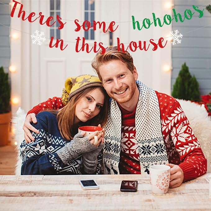There's Some Ho Ho Hos in This House Banner, Glittery Red Green Christmas Party Decorations Banners Winter Holiday Garland Photo Props Banner for Party Home Office Decorations