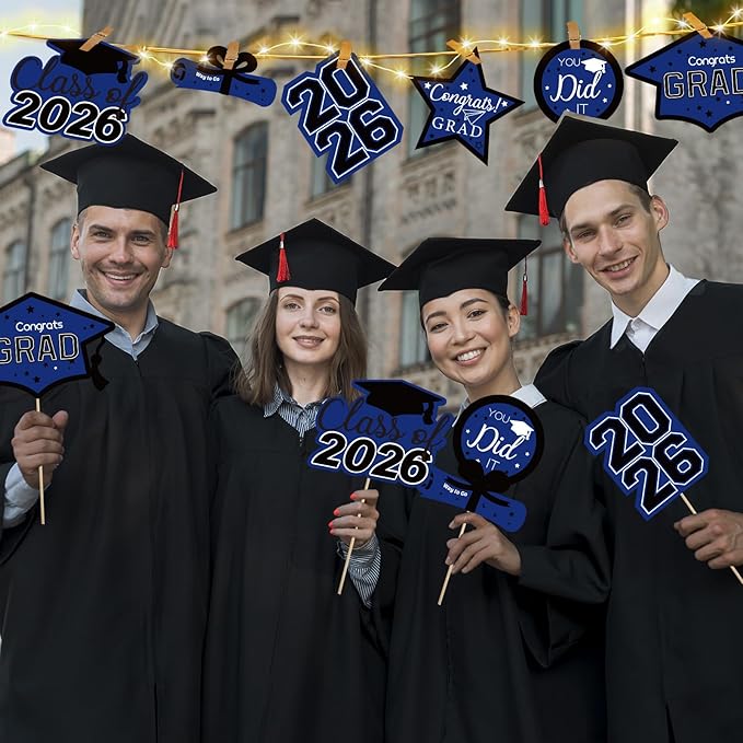 OuMuaMua Graduation Decorations Class of 2026-30pcs Blue and Black Graduation Table Centerpieces Sticks Table Toppers with Lights for College High School Congrats Grad Party Supplies