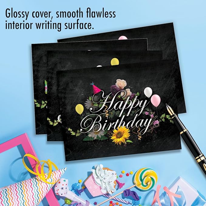 The Best Card Company - 10 Happy Birthday Note Cards Blank - Assorted Bulk Birthday Notecards, Cute Boxed Set (4 x 5.12 Inch) - Chalk and Roses Birthday M6479BDB