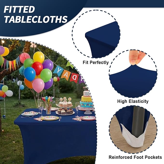 Fixwal 3 Pack Navy Blue Table Cloth for 6 Foot Rectangle Tables, Rectangular Tablecloths Stretch Spandex Fitted Table Covers 6 Ft for Prom Parties, Trade Shows, Banquet, Weddings, Buffet