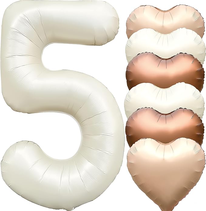 Jonhamwelbor 40 inch Number 5 Balloon Cream White Large Big Foil Helium Mylar Number Balloons with Heart Balloons for Girl Boy five Year Old 5th Birthday Party Decoration (40 inch Cream 5)