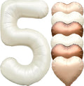 Jonhamwelbor 40 inch Number 5 Balloon Cream White Large Big Foil Helium Mylar Number Balloons with Heart Balloons for Girl Boy five Year Old 5th Birthday Party Decoration (40 inch Cream 5)