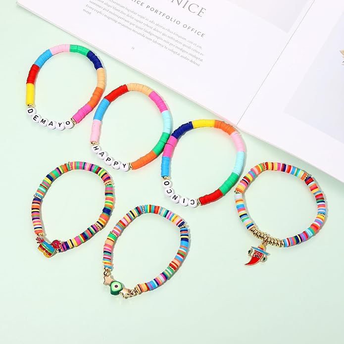 Surfer Heishi Bracelets for Women Stackable Rainbow Vinyl Disc Clay Beaded Stretch Bracelets Elastic Layering Friendship Bracelets Boho Summer Beach Jewelry