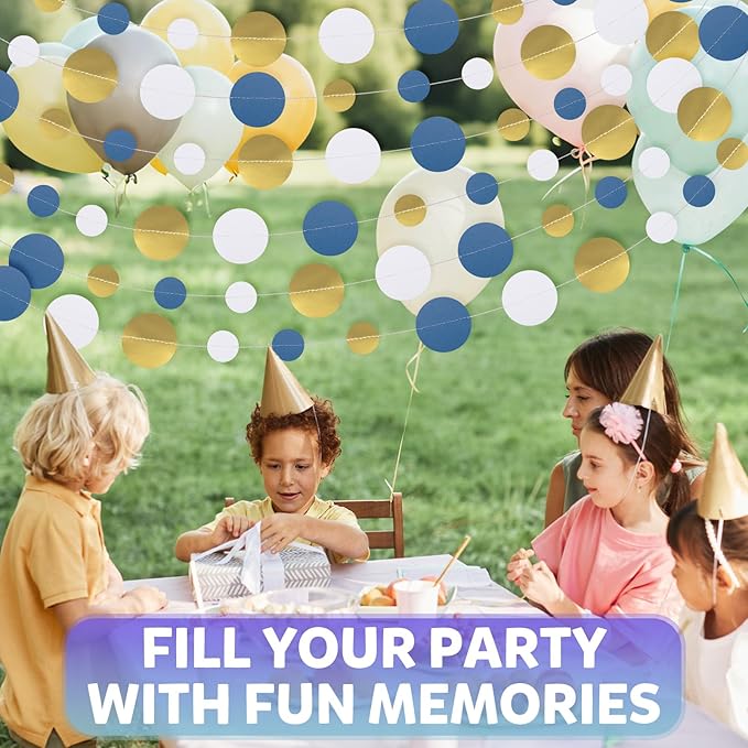 52FT Party Garlands, Paper Garland Circle Dots, Hanging Circle Banner Decorations for Birthday, Party, Wedding, Baby Shower, Graduations, Christmas, Wall Decor (Gold White Blue Garlands)