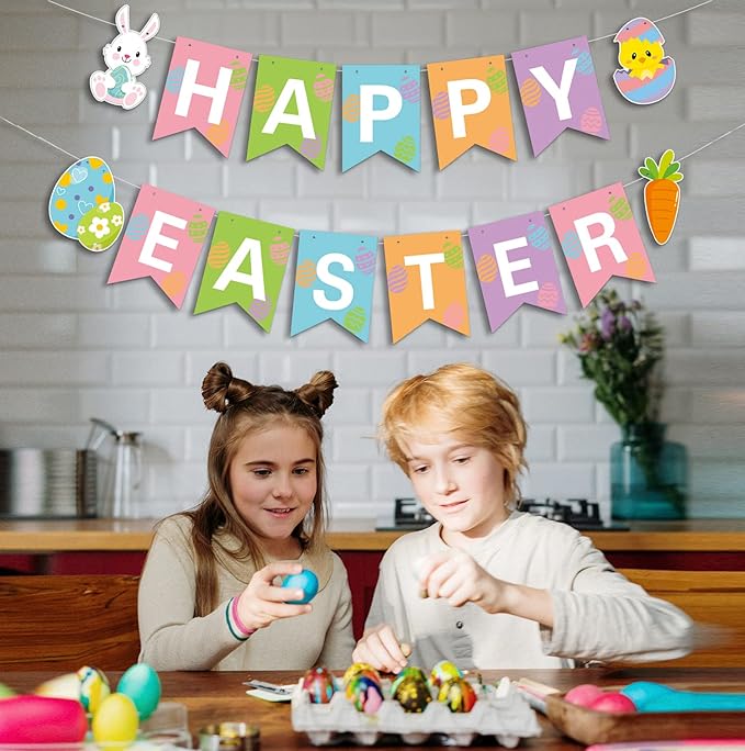 JOZON Happy Easter Banner - Multi-colored, 5.12" x 7" Flags, Easter Party Decorations with Bunny, Eggs, Chick & Carrot Signs