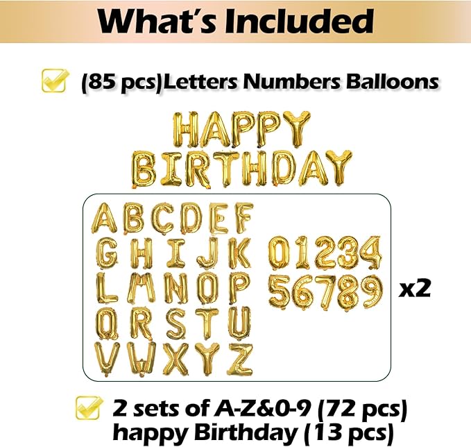 [85 PCS] 16" Gold Letter Number Balloons, Happy Birthday & 2 Sets of A-Z 0-9, Foil Mylar Aluminum Hanging Alphabet for Graduation New Year eve Birthday Party Decorations