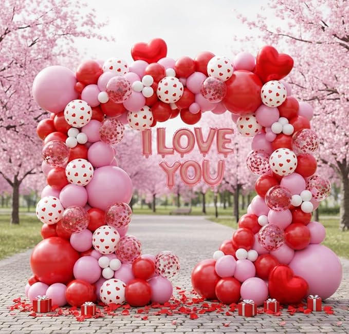 Valentines Day Balloons Garland Arch Kit - Red Heart and I LOVE YOU Foil Balloon with Different Size Red Pink White Balloons for Valentine's Day Galentine's Day Anniversary Party Decorations