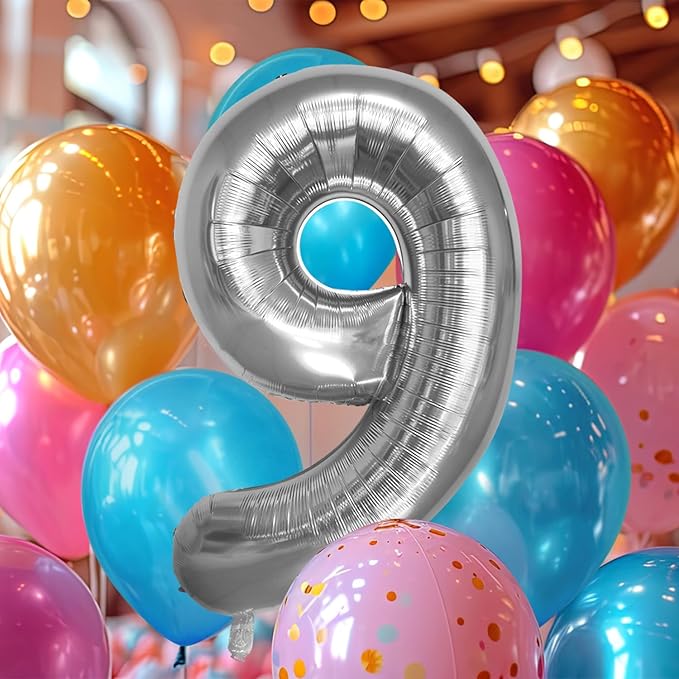 40 Inch Large Silver Number Celebration and Decoration Balloon for Birthday Parties, Graduations, Anniversaries, Weddings, Photo Shoots, Special Events - Helium Foil (Silver Number 9)