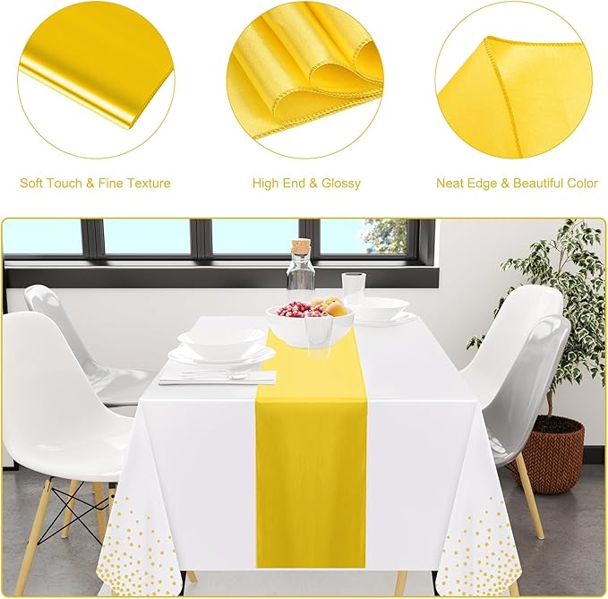 12 Pack White Gold Tablecloth and Table Runner Set Party Decorations, White and Gold Plastic Disposable Tablecloth and Satin Table Runner for Wedding Birthday Party (White and Gold)