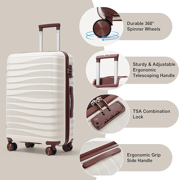 Hardshell Luggage Sets, Lightweight Wave Suitcases with Spinner Wheels, PP Ivory