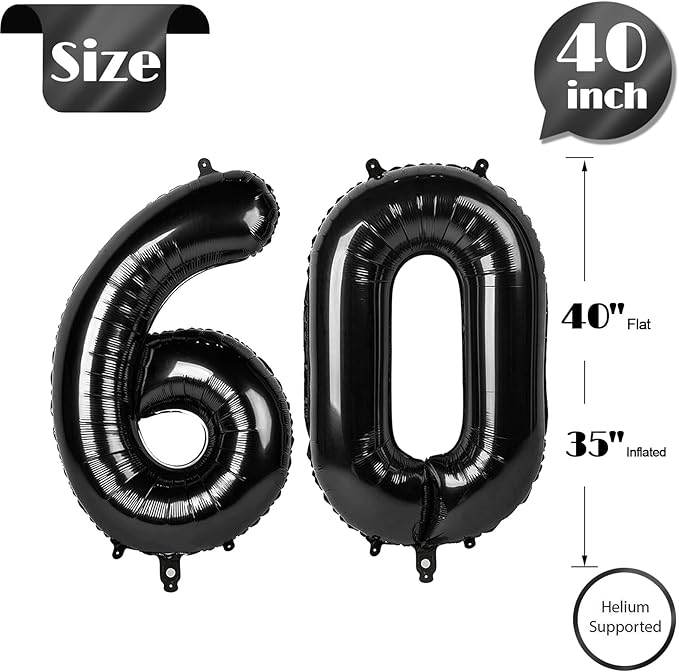60 Balloon Number, Black Number 60th Birthday Balloons 40 Inch, 60 Years Old Black Birthday Decorations for Men Women, 60th Anniversary Decorations