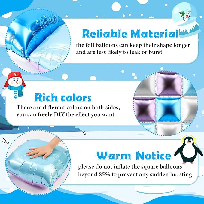 36 Pcs Winter Birthday Party Decorations Balloons Princess Snowflake Blue Purple Silver Brick Square Foil Balloon Wall Arch Kit Backdrop Double Sided Metallic Cartoon Party Supplies