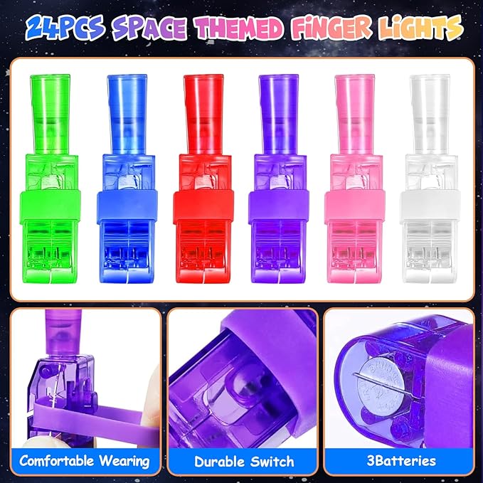 24PCS Party Favors LED Finger Lights, Glow in the Dark Light Up Toys Gifts Bulk for Kids Boy Girl Birthday Goodie Bags Stuffers Party Decorations Back to School Party Classroom Prizes (space)