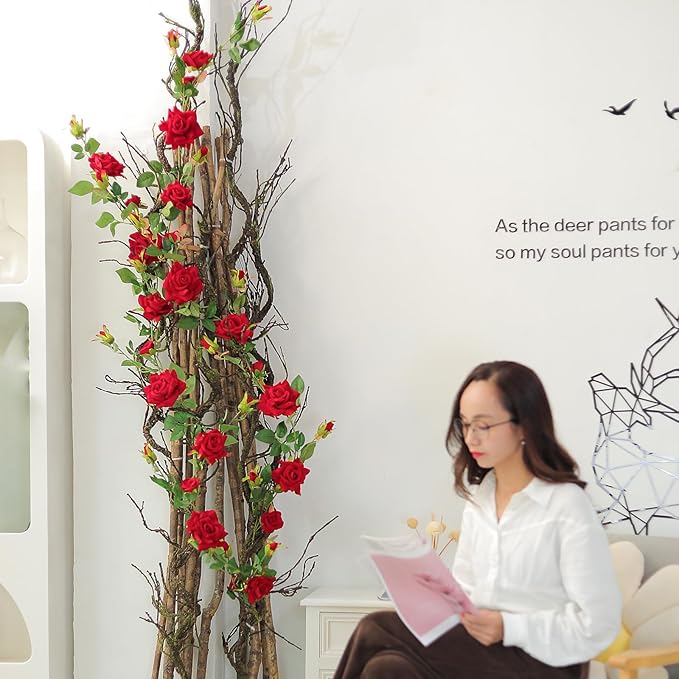 1Pcs 71inch Bendable Artificial Floral Grapevine Garland Fake Realistic Woody Tree Branches Plants Twigs Stems Trunk with Moss for Outdoor Mantel Wall Hanging Garden Halloween Jungle Room Decoration