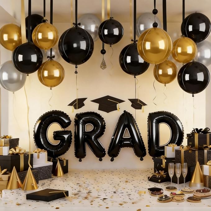 12Pcs Black and Gold Round Balloons Foil, 22" 18" 15" 10" 4D Round Ball Balloon, Giant Gold Black Silver Metallic Balloons for Graduation Wedding New Year Eve Prom Birthday Decorations Supplies