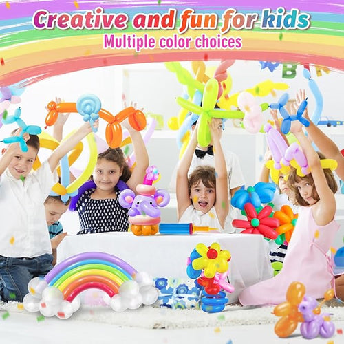 100 Pcs 260Q Balloons Kit with Pump - Kids Premium Latex Twisting Long Balloons to Make Animals Flowers, Fun Rainbow Balloons for Party Boys Girls Christmas Birthday Gifts Clowns Wedding Decor