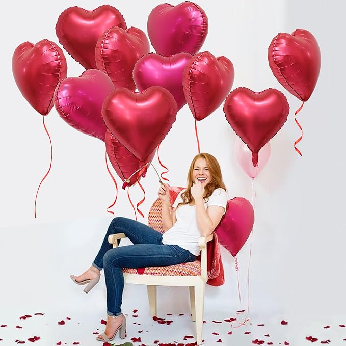 Red Heart Metallic Balloons, 20Pcs 18 Inch Hot Pink Foil Heart Balloons, Love Balloon for Valentines Day Decorations Galentines Balloon for Birthday Wedding Anniversary Party