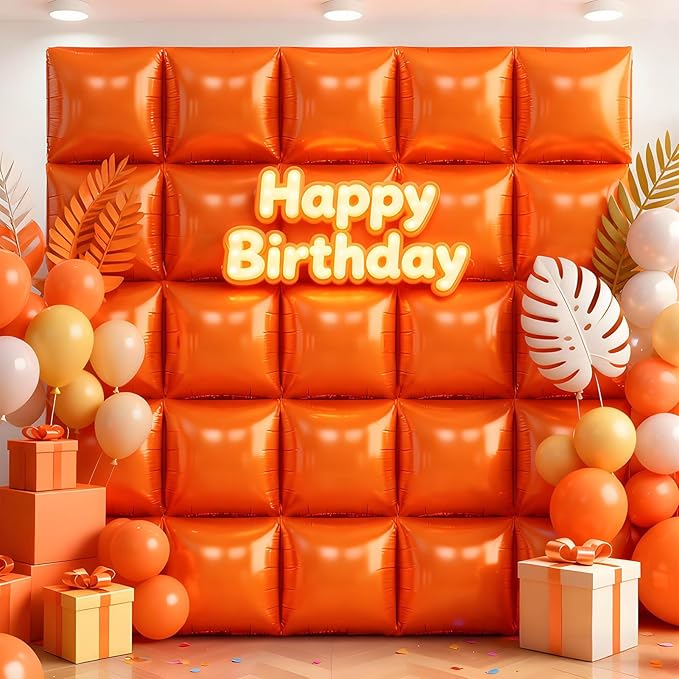 25Pcs Orange Square Foil Balloons Wall Backdrop, Double Sided Metallic Foil Balloons Tunnel Arch Garland Kit for Photo Booth Birthday Wedding Graduation Halloween Party Decorations