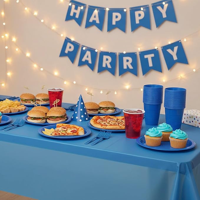 Blue Plastic Plates for Party,100 Guest Disposable Plastic Plate Set 9" Plates,7" Dessert Plates,Napkins,Cups,Forks & Tablecloth for Birthday,Graduation,Picnic,Summer Activities