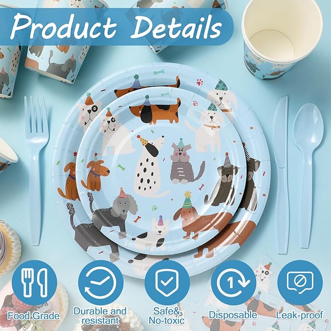 Jinei 350 Pcs Dog Birthday Party Supplies Blue Dog Tableware Set Serves 50 Guests Puppy Birthday Decorations Includes Puppy Plates Cups Napkins Forks Knives Spoons for Party Supplies