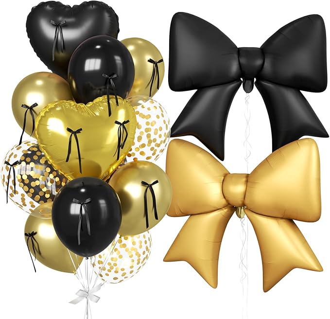 Paready Black and Gold Heart Balloons, 38 Inch Bow Balloons, Metallic Gold Confetti Balloon and Bow Heart Shaped Foil Balloon for Prom Birthday Wedding Bridal Baby Shower Valentines Day Decorations