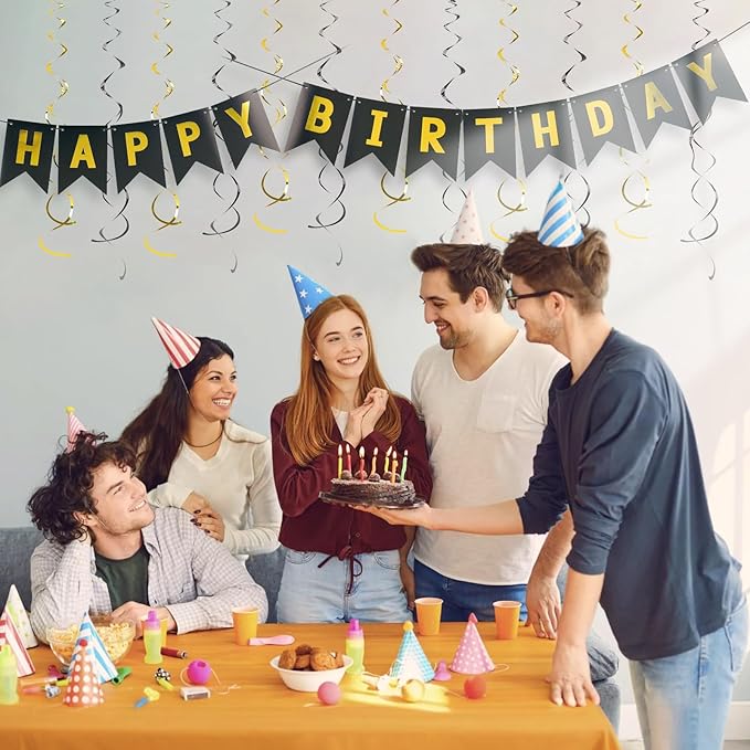 Black Happy Birthday Banner, Birth Decorations with Metallic Hanging Swirl, Sign for Backdrop Party Decor, Bunting Banner for Men Women, Supplies for Boys Girls