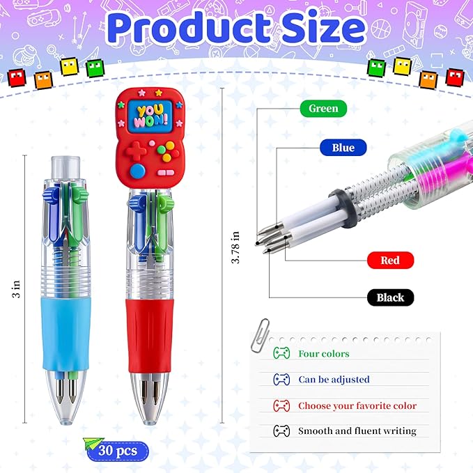 CZWZ 30Pcs Mini Multicolor Pens in One 4-in-1 Cute Pens Bulk for Kids, Ballpoint Pen for Birthdays and Children's Parties, Fun Gifts Assorted Ink Kawaii Pen(Vedio Game)
