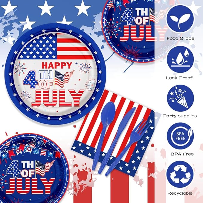 192pcs American Flag Patriotic Party Decorations for Happy 4th of July Plates, Cup, Napkin, Tableware, Independence Day Party Supplies Plates Serve 24 Guests