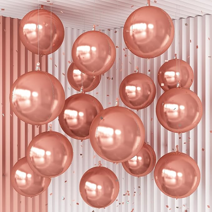 14 Pcs Rose Gold Round Foil Balloons 22/15/10 4D Ball Balloons Rose Metallic Balloon Ornament Mylar Balloon Chrome for Women Birthday Graduation Wedding Anniversary New Year Disco Party Decor