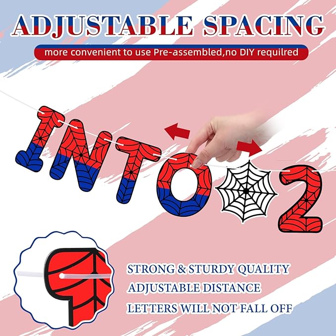 TaoBary Spider Theme 2nd Birthday Banner, Pre-strung Swinging into 2 Banner, Spider 2nd Birthday Decorations Party Supplies for Kids, Second Decor for 2 Year Old Boys Girls(Red and Blue)