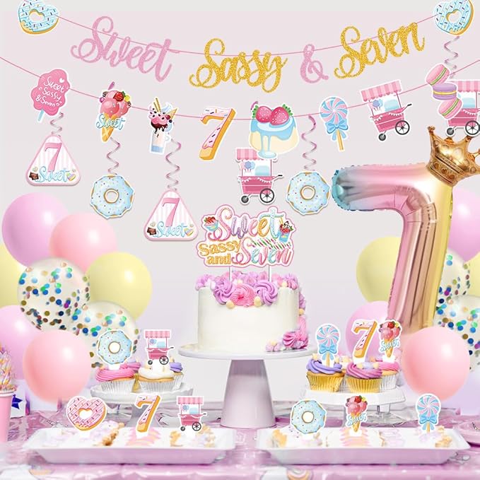 Sweet Sassy And Seven Birthday Decorations- 7th Birthday Decorations For Girls With Donut Banner Sweet Cake Topper 7th Foil Balloon For 7th Donut Themed Party Decor Sweet Seven Party Supplies