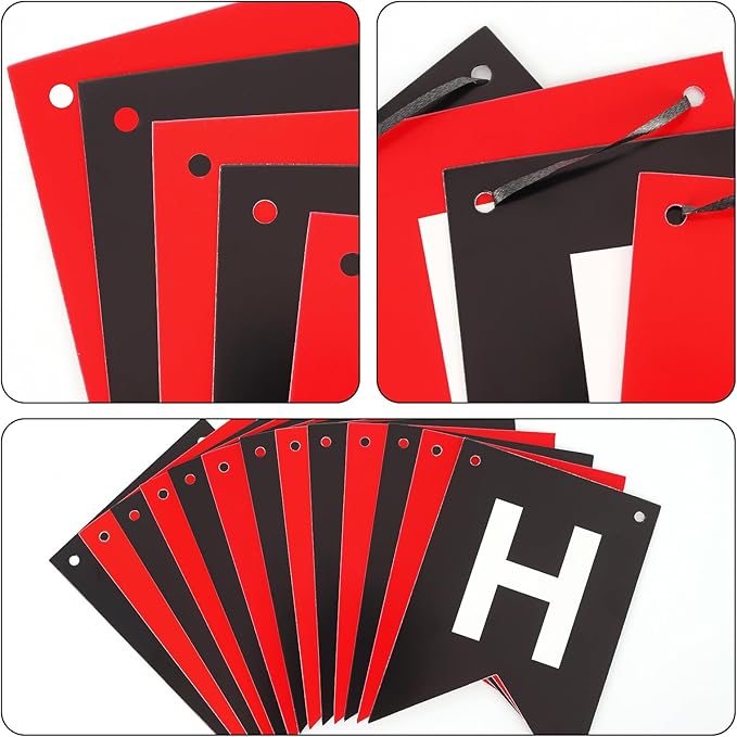 Happy Birthday Banner Sign, Birthday Garland Wall Door Hanging Banners Flag for Women Men Boys Girls Party Backdrop Decorations, Personalized Name Banner White Letters Black and Red
