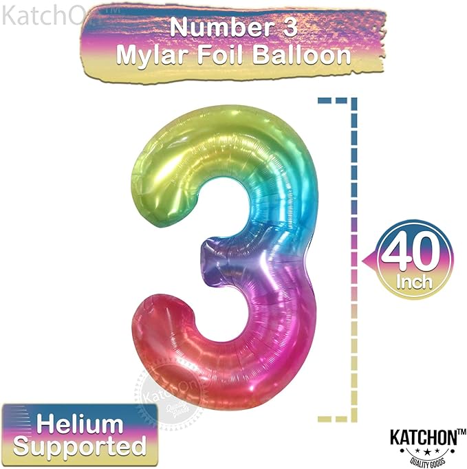 KatchOn, Giant Jelly Rainbow 3 Balloon Number - 40 Inch | Number 3 Balloon for 3rd Birthday Girl Decorations | 3rd Birthday Balloons | Rainbow Number Balloons for Anniversary Decorations
